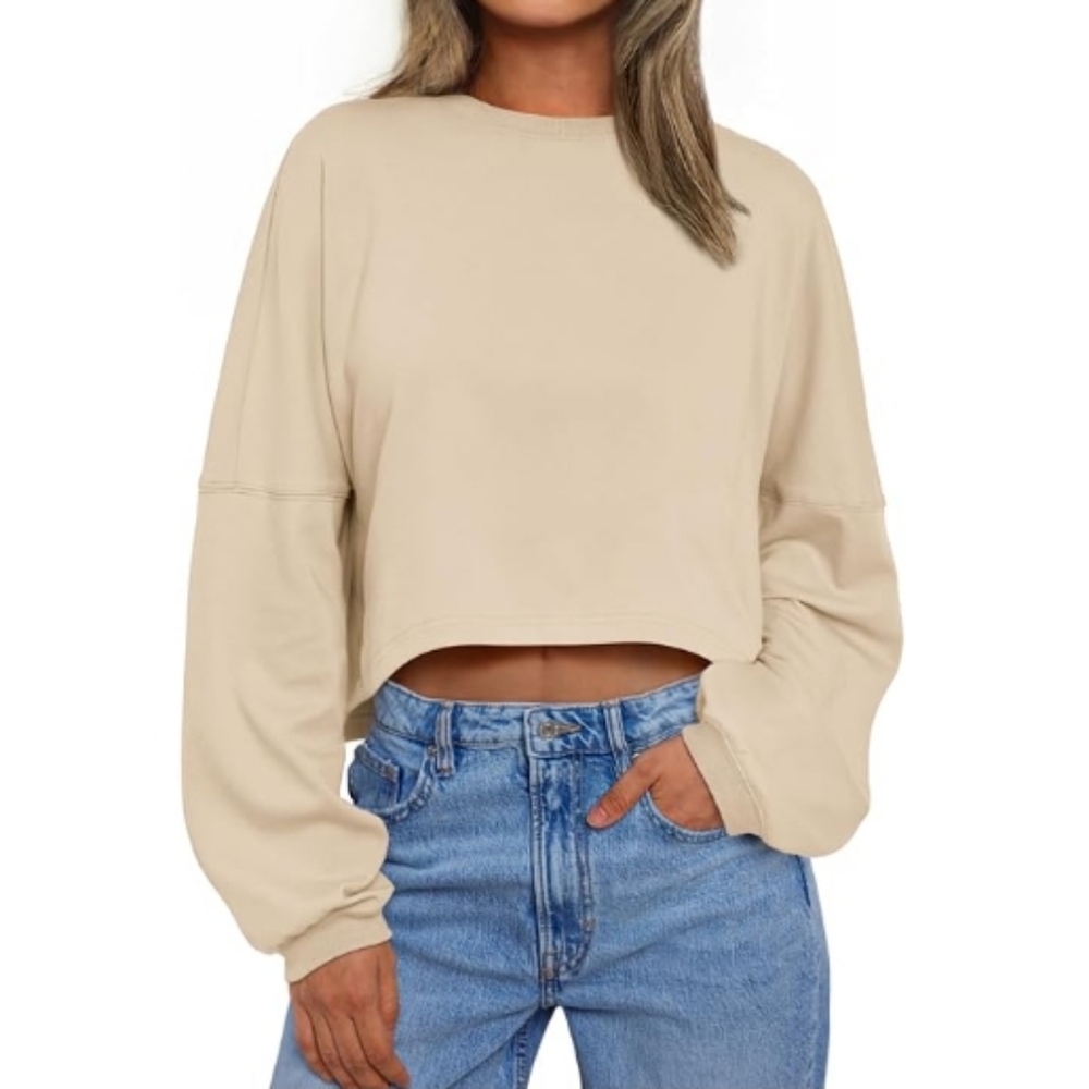 Cropped Oversized Crewneck Sweater Long Sleeve Cream New